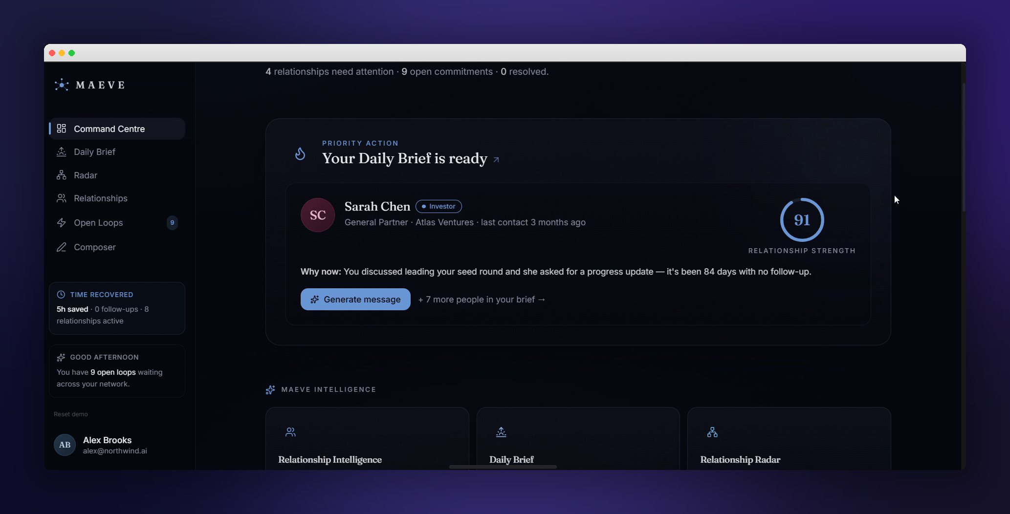 MAEVE Command Centre — a preview of the relationship intelligence dashboard, showing today's priorities, warm relationships and recommended follow-ups.